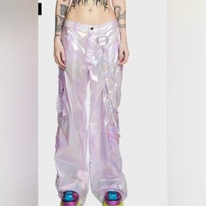 Dolls Kill Rainbow Irradesent Shiny Cargo Pants Iridescent Size MED w Fake Candy